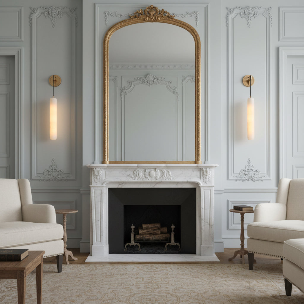 Alabaster Flute Wall Lamp – Natural Stone Fluted Cylinder & Brass Wall Sconce