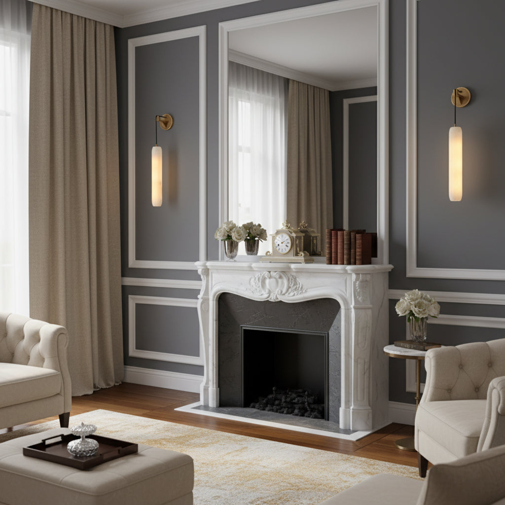 Alabaster Flute Wall Lamp – Natural Stone Fluted Cylinder & Brass Wall Sconce
