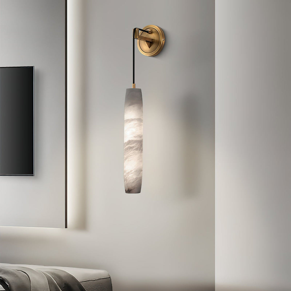Alabaster Flute Wall Lamp – Natural Stone Fluted Cylinder & Brass Wall Sconce