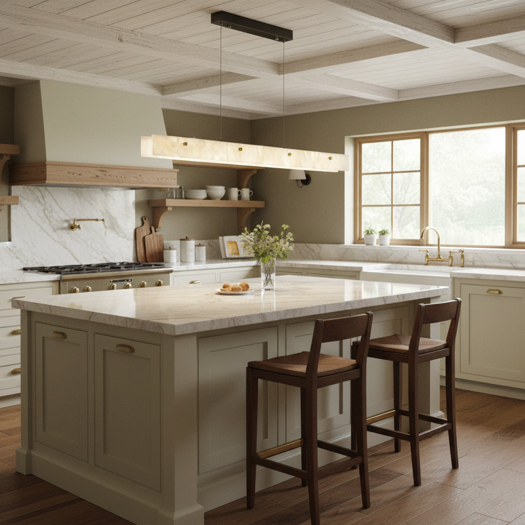 Alabaster LED Linear Pendant Light – Natural Stone & Stainless Steel Modern Suspension Light