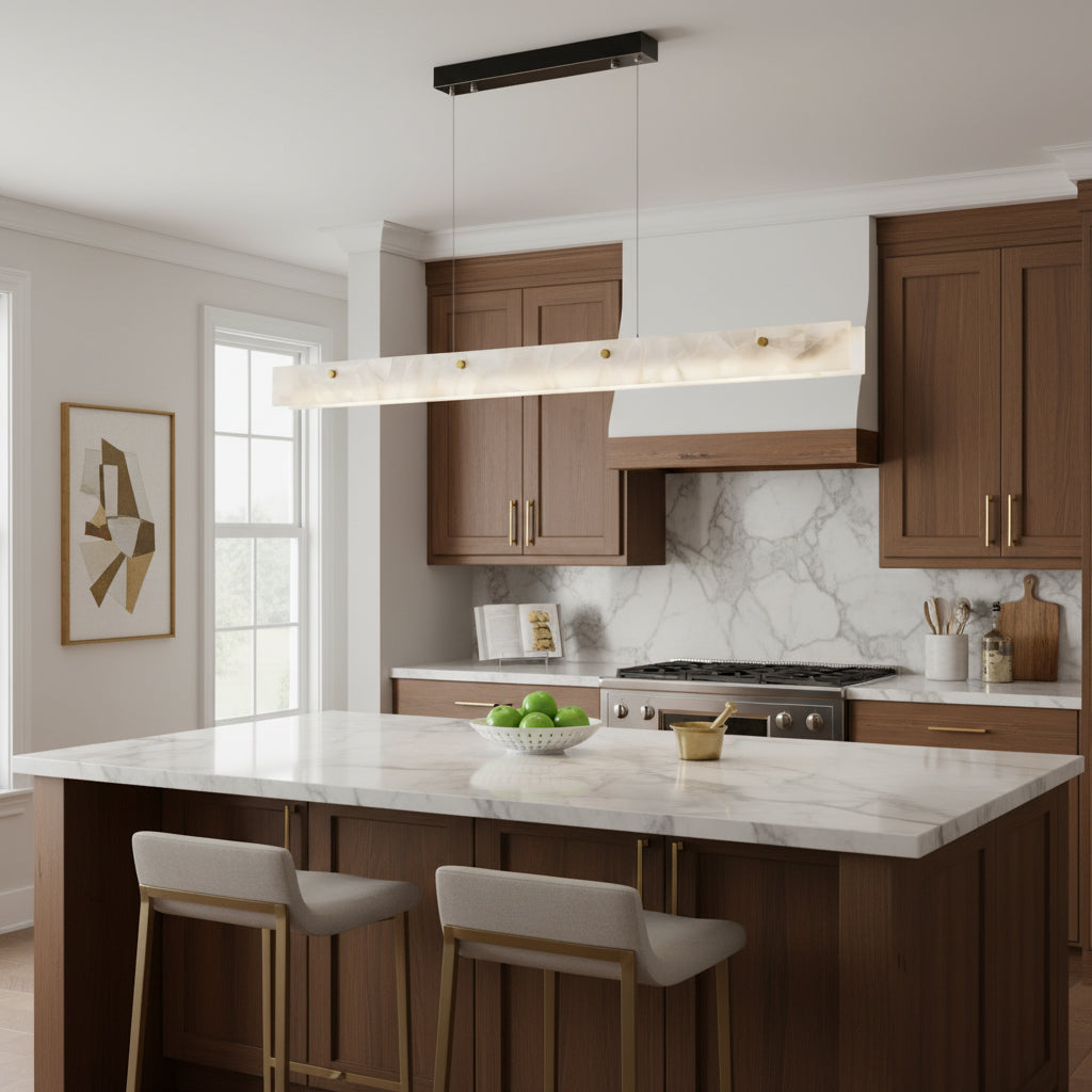 Alabaster LED Linear Pendant Light – Natural Stone & Stainless Steel Modern Suspension Light