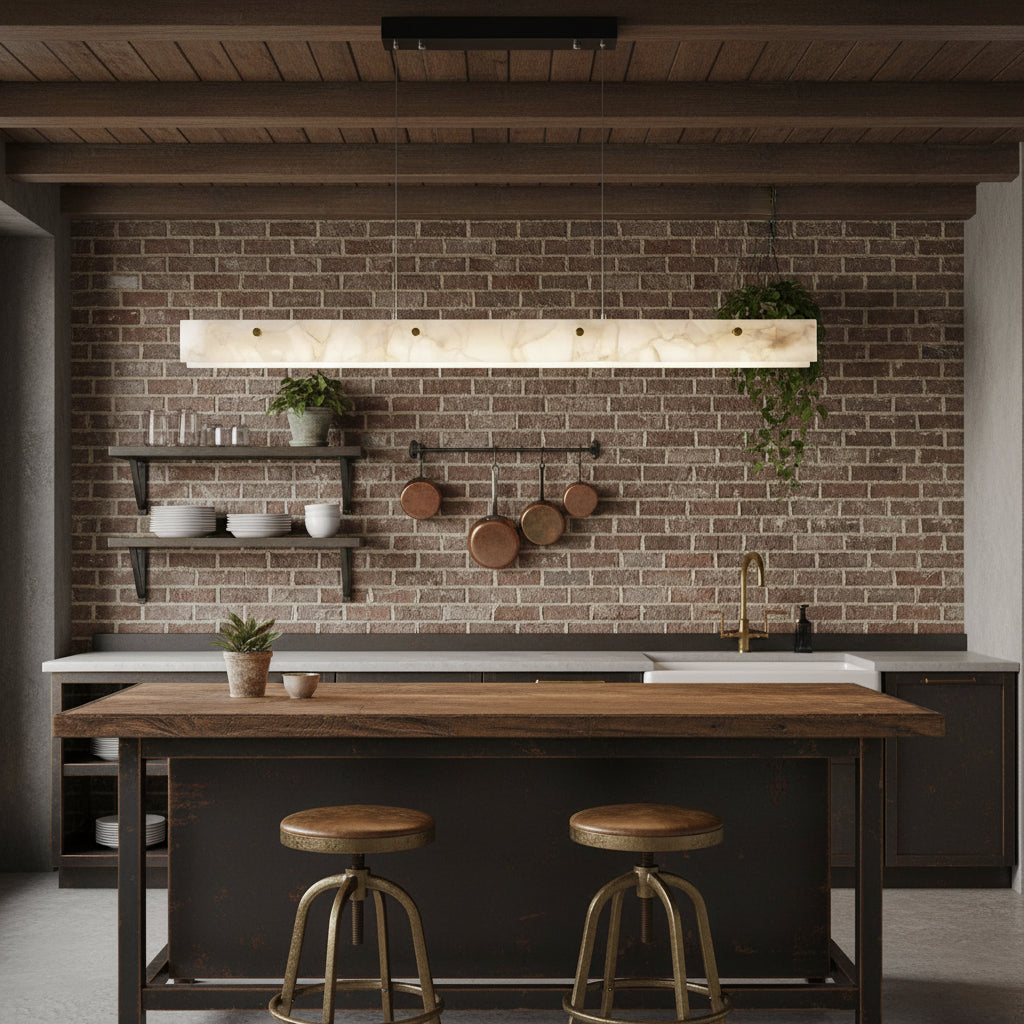 Alabaster LED Linear Pendant Light – Natural Stone & Stainless Steel Modern Suspension Light