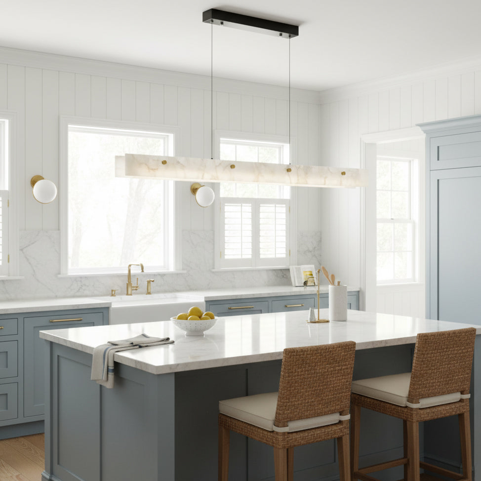 Alabaster LED Linear Pendant Light – Natural Stone & Stainless Steel Modern Suspension Light