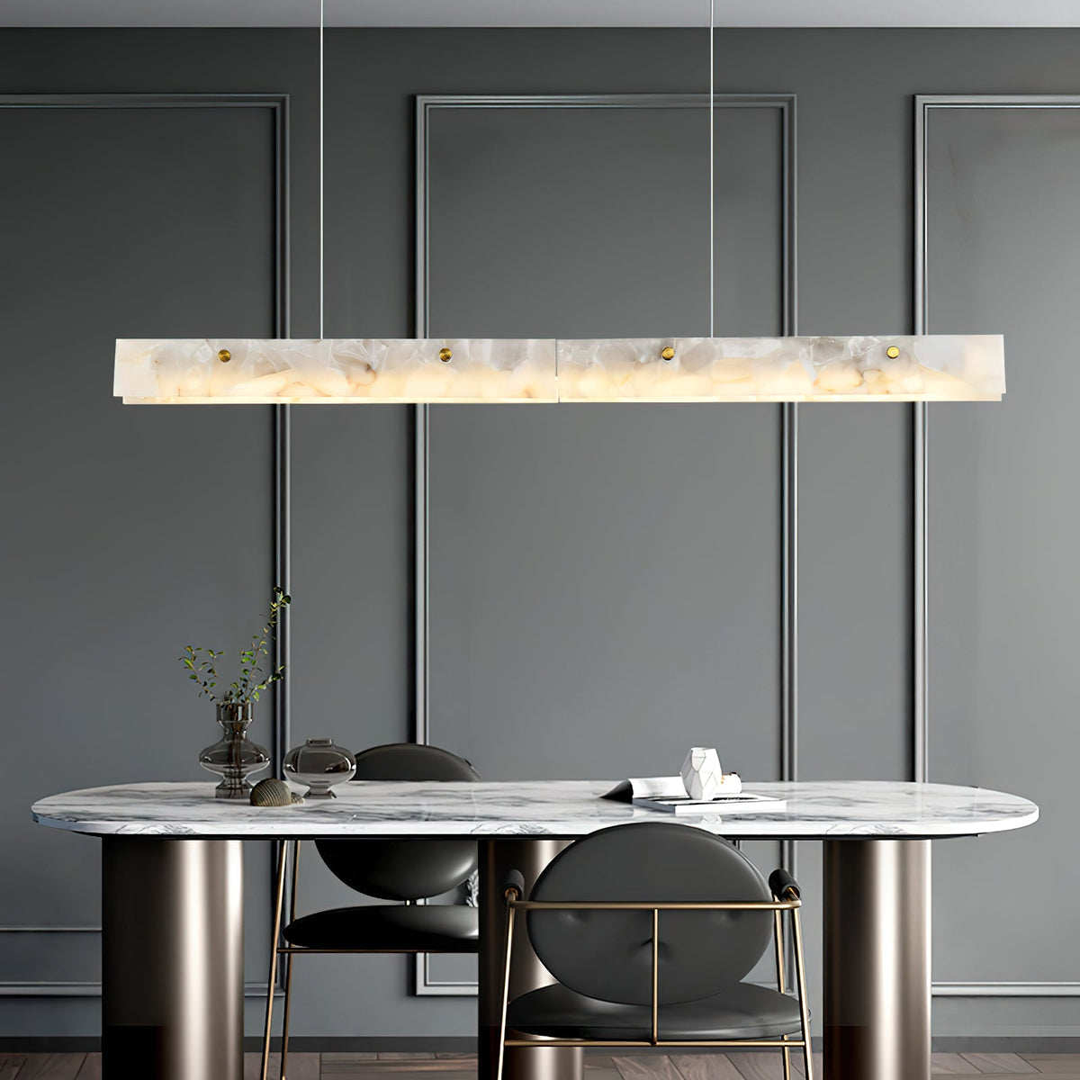 Alabaster LED Linear Pendant Light – Natural Stone & Stainless Steel Modern Suspension Light