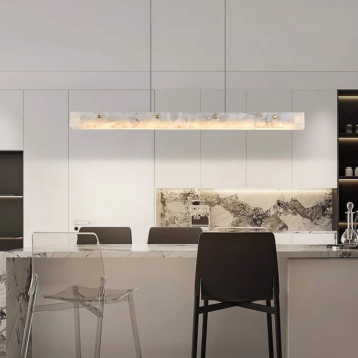 Alabaster LED Linear Pendant Light – Natural Stone & Stainless Steel Modern Suspension Light