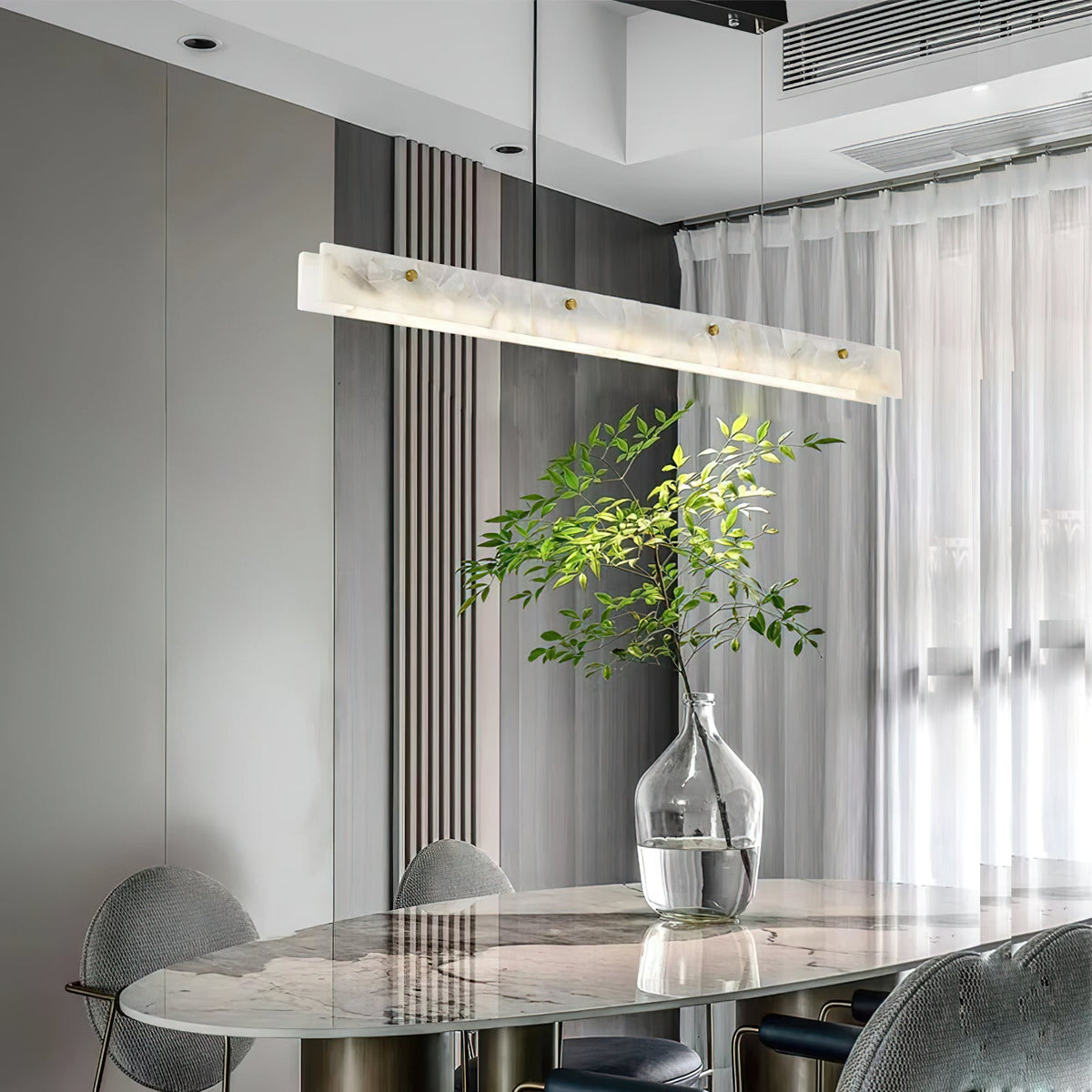 Alabaster LED Linear Pendant Light – Natural Stone & Stainless Steel Modern Suspension Light
