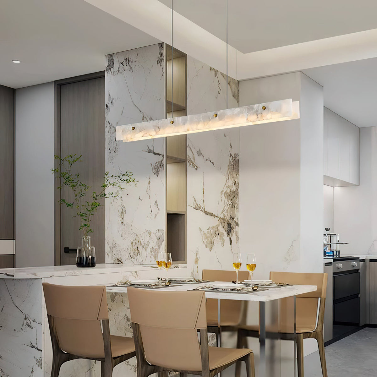 Alabaster LED Linear Pendant Light – Natural Stone & Stainless Steel Modern Suspension Light