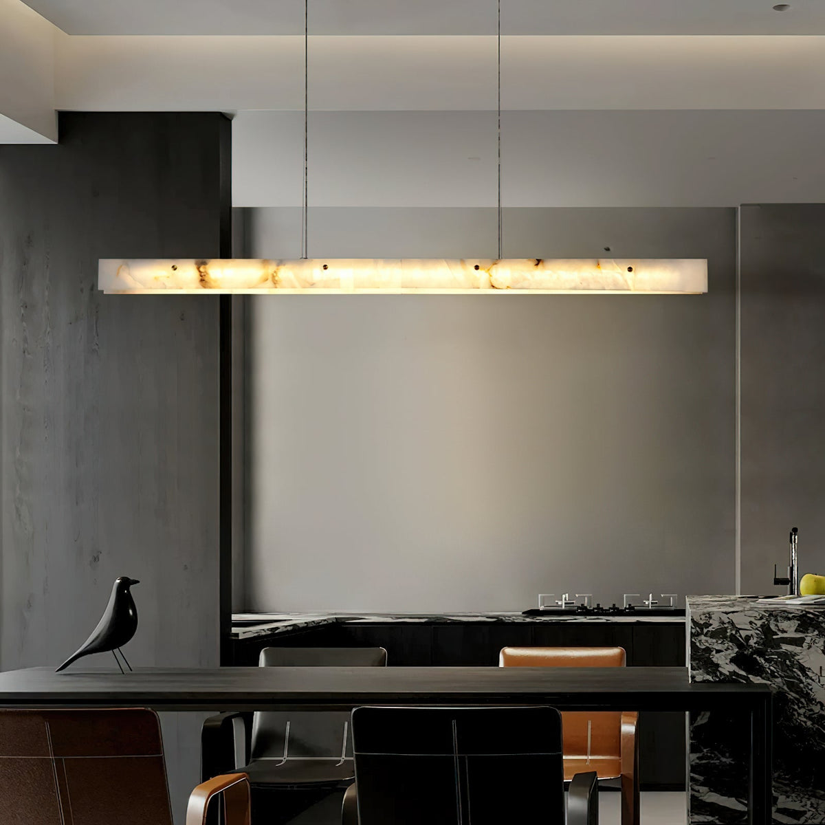 Alabaster LED Linear Pendant Light – Natural Stone & Stainless Steel Modern Suspension Light