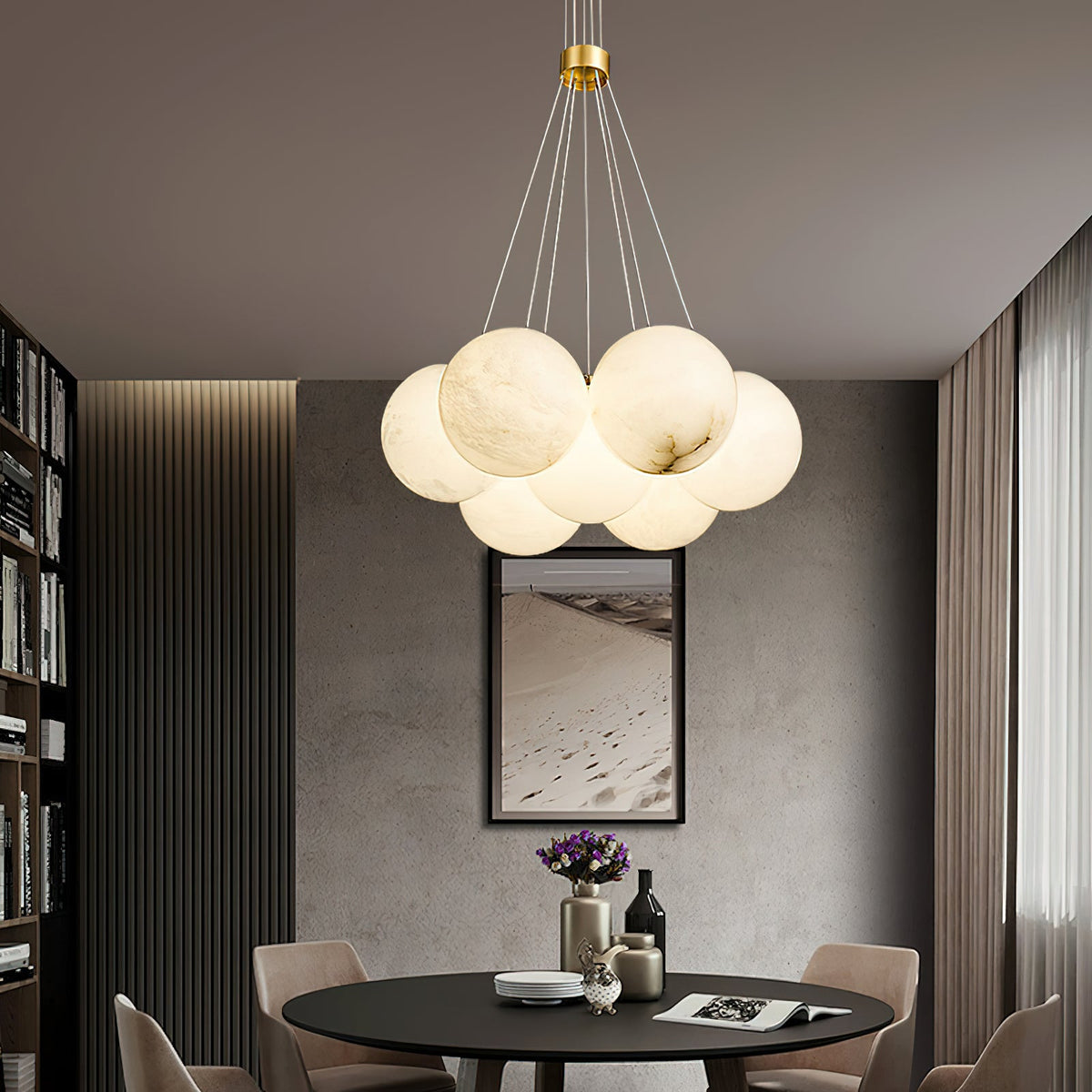 Alabaster Lunar Chandelier – Natural Stone Globes & Brass Modern Tiered Chandelier
