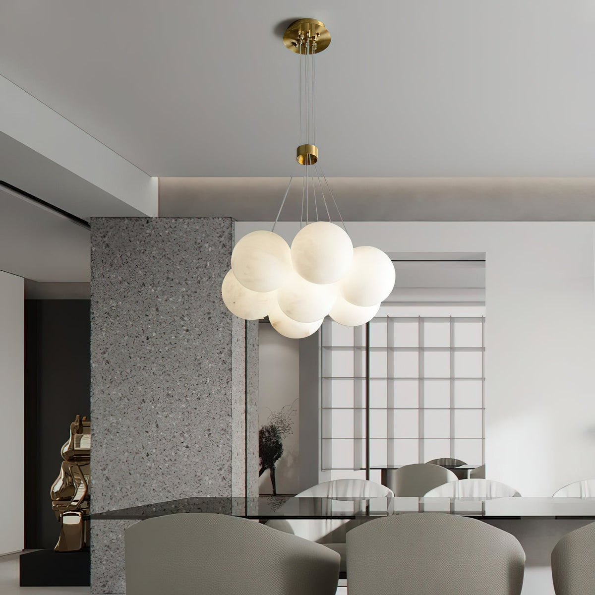 Alabaster Lunar Chandelier – Natural Stone Globes & Brass Modern Tiered Chandelier