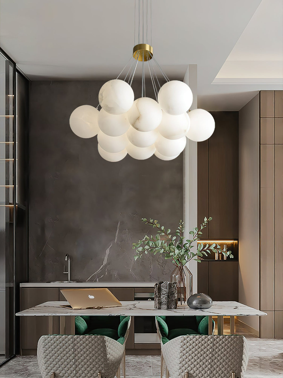 Alabaster Lunar Chandelier – Natural Stone Globes & Brass Modern Tiered Chandelier