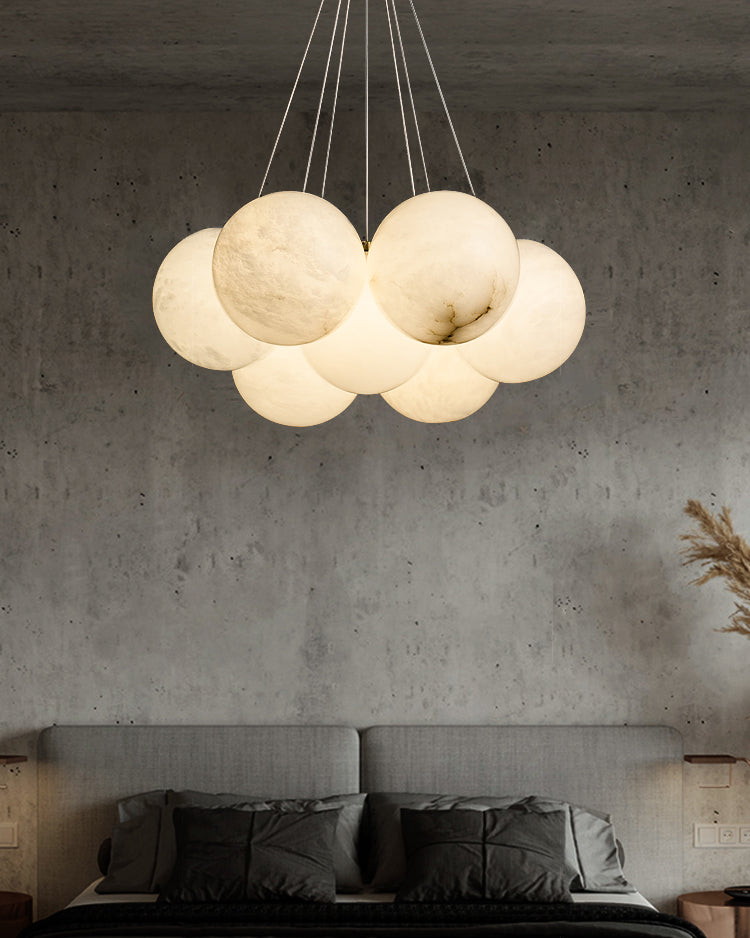 Alabaster Lunar Chandelier – Natural Stone Globes & Brass Modern Tiered Chandelier