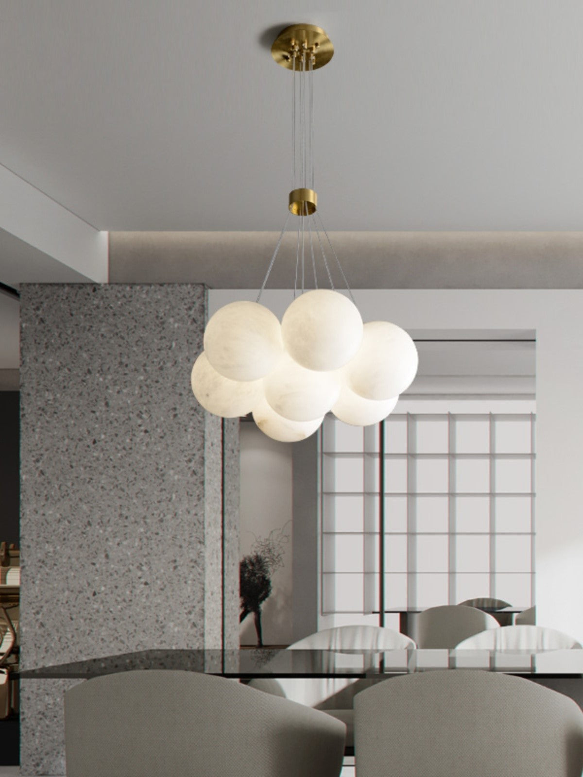 Alabaster Lunar Chandelier – Natural Stone Globes & Brass Modern Tiered Chandelier