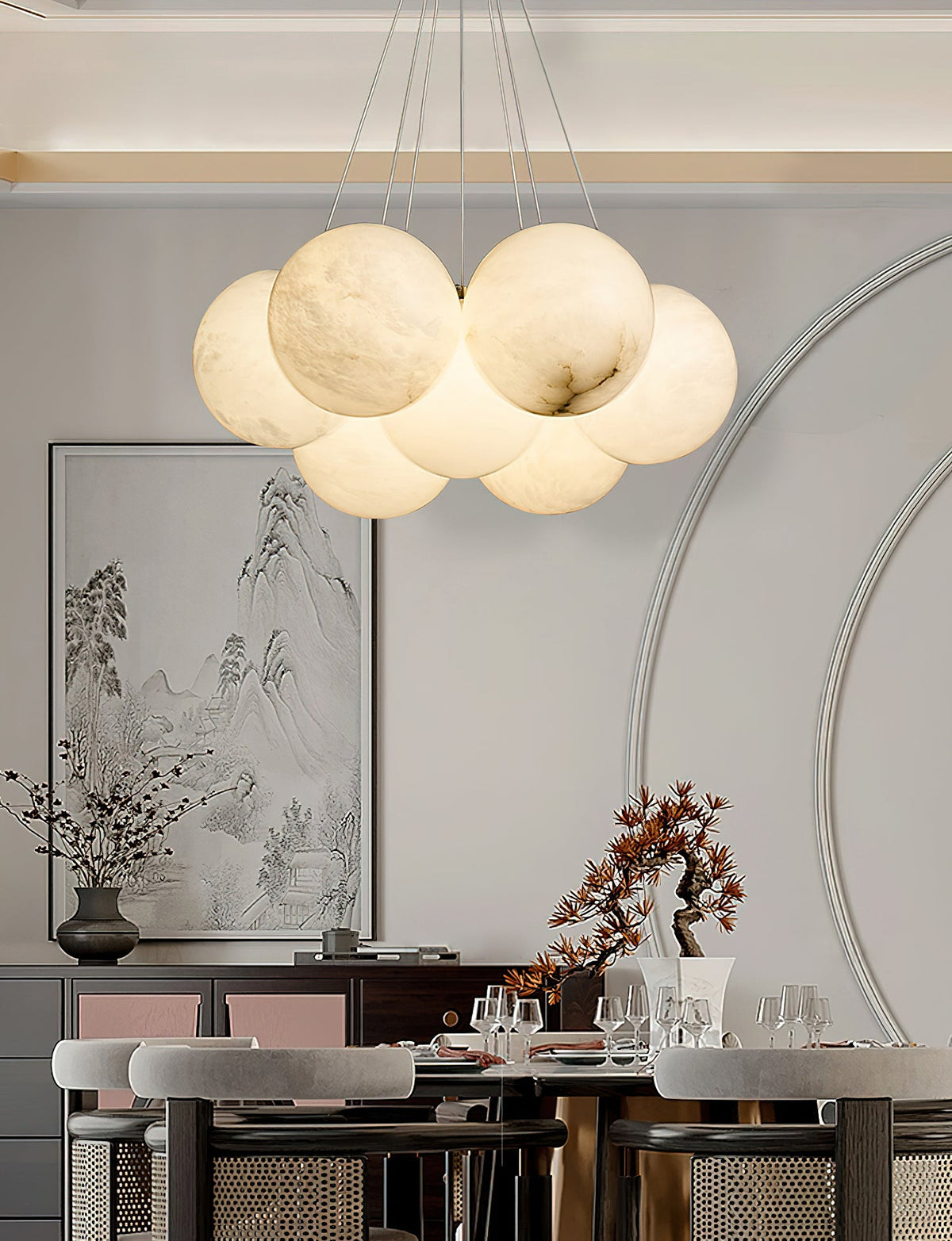 Alabaster Lunar Chandelier – Natural Stone Globes & Brass Modern Tiered Chandelier