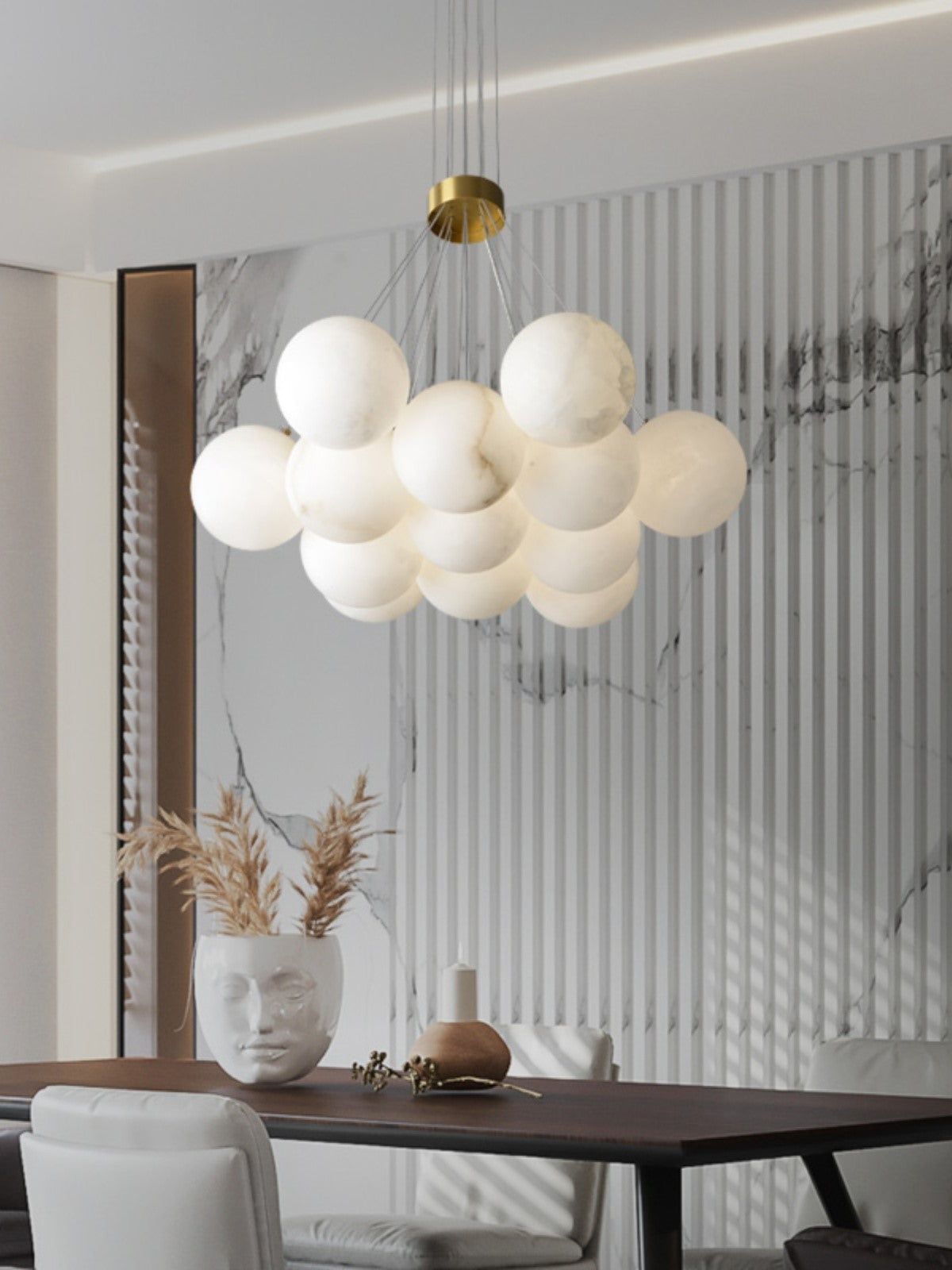 Alabaster Lunar Chandelier – Natural Stone Globes & Brass Modern Tiered Chandelier