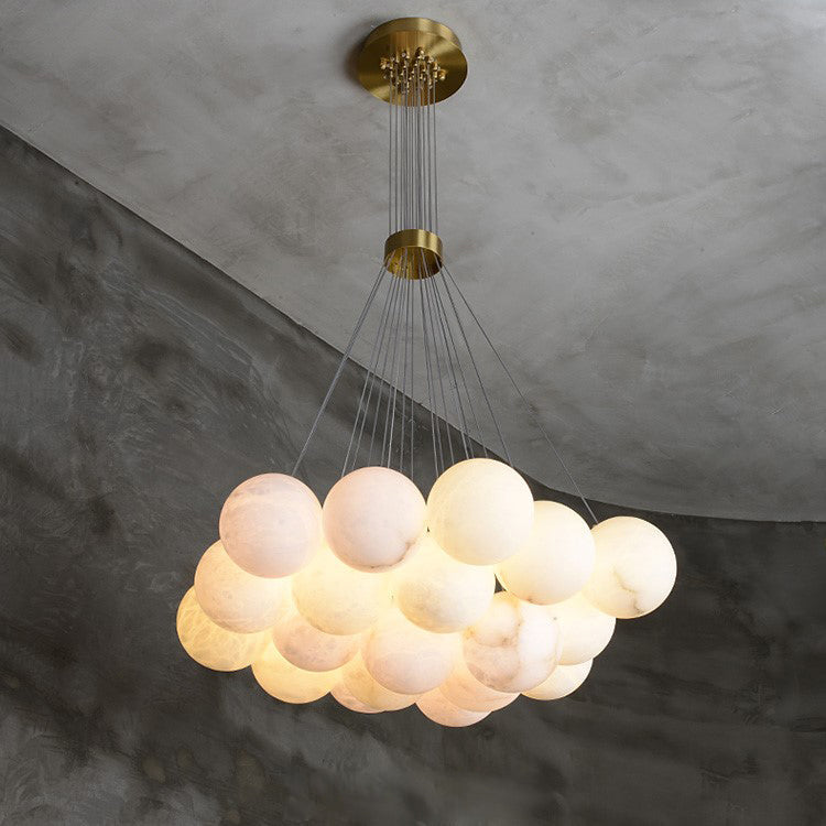 Alabaster Lunar Chandelier – Natural Stone Globes & Brass Modern Tiered Chandelier