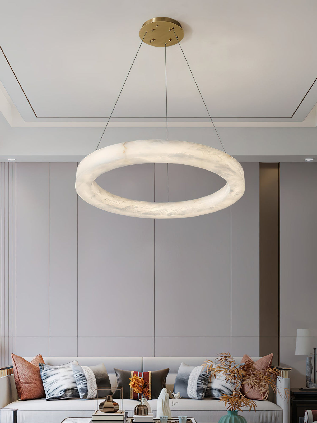 Alabaster Ring Chandelier – Natural Stone Halo & Brass Modern Luxury Chandelier