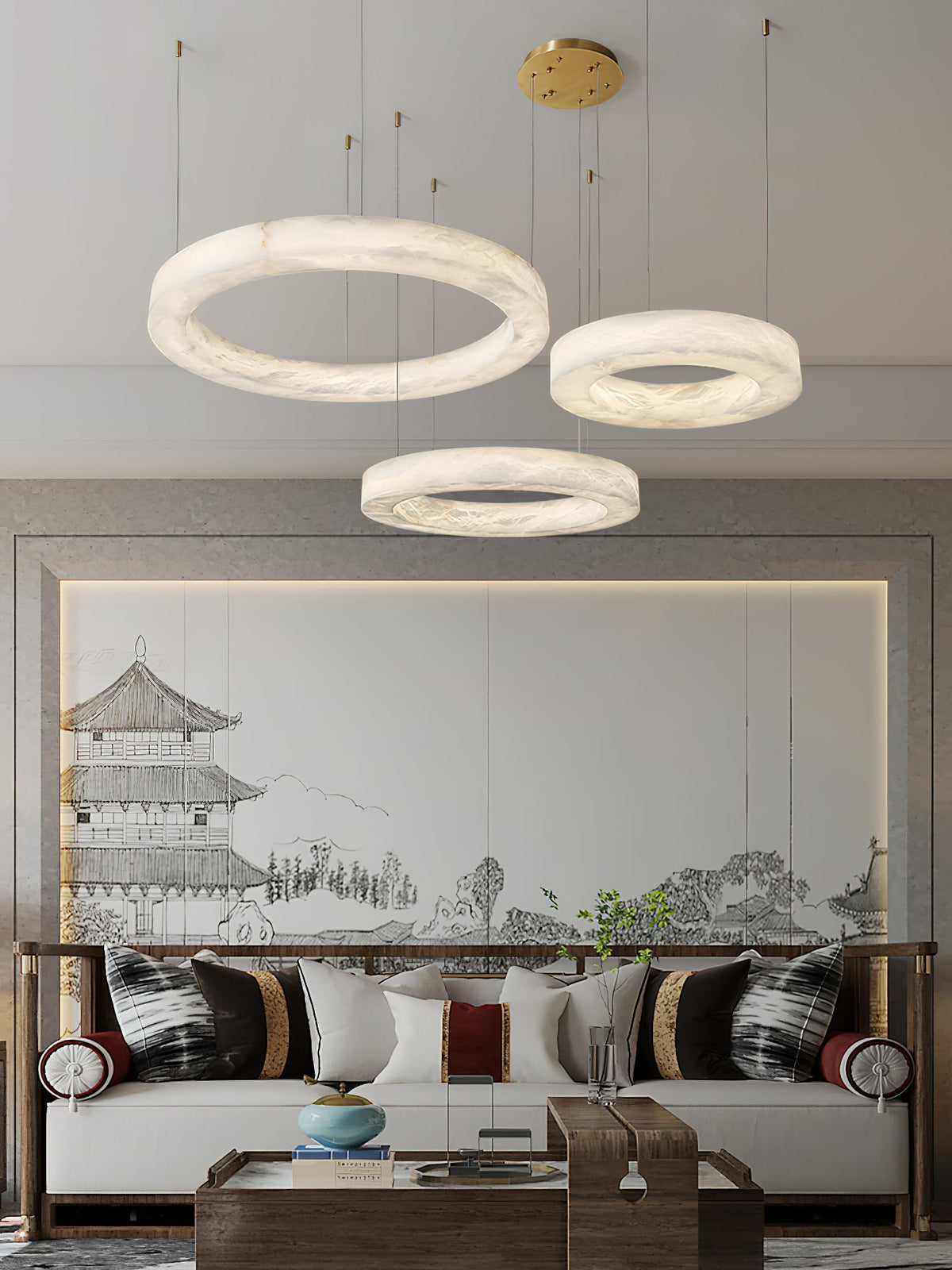 Alabaster Ring Chandelier – Natural Stone Halo & Brass Modern Luxury Chandelier