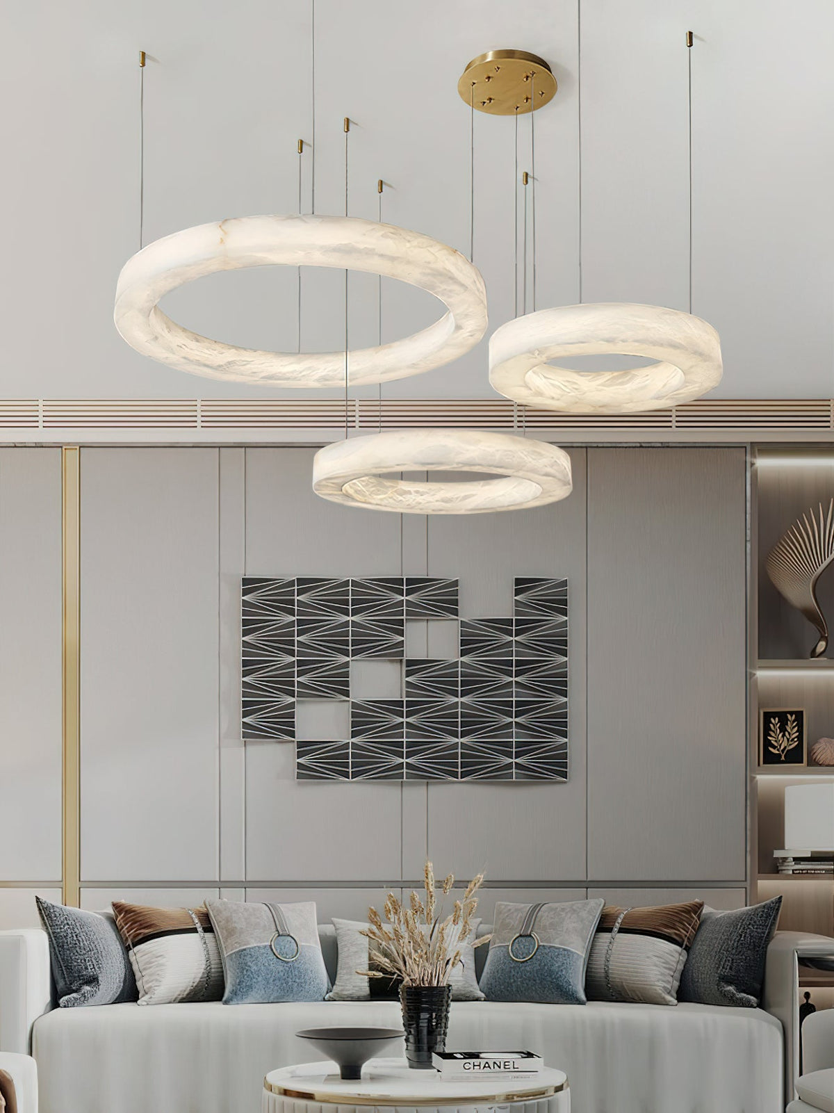 Alabaster Ring Chandelier – Natural Stone Halo & Brass Modern Luxury Chandelier