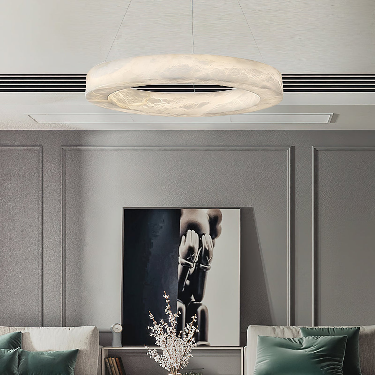 Alabaster Ring Chandelier – Natural Stone Halo & Brass Modern Luxury Chandelier