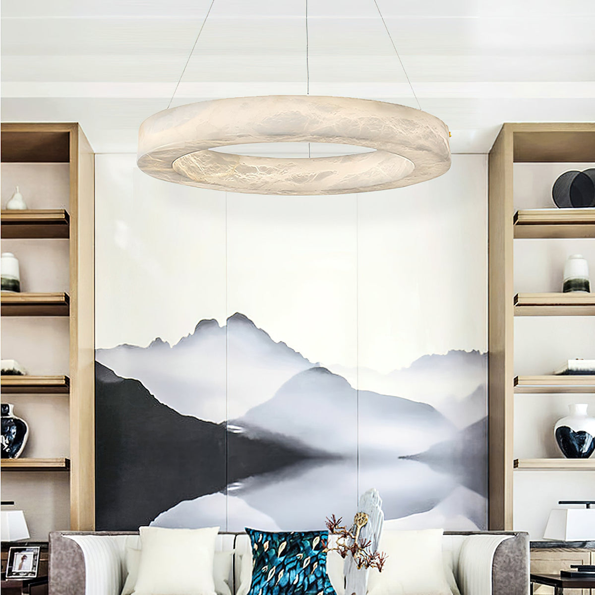 Alabaster Ring Chandelier – Natural Stone Halo & Brass Modern Luxury Chandelier