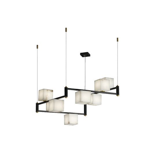 Alabaster Square Box Chandelier – Natural Snowflake Gypsum & Brass Modern Chandelier