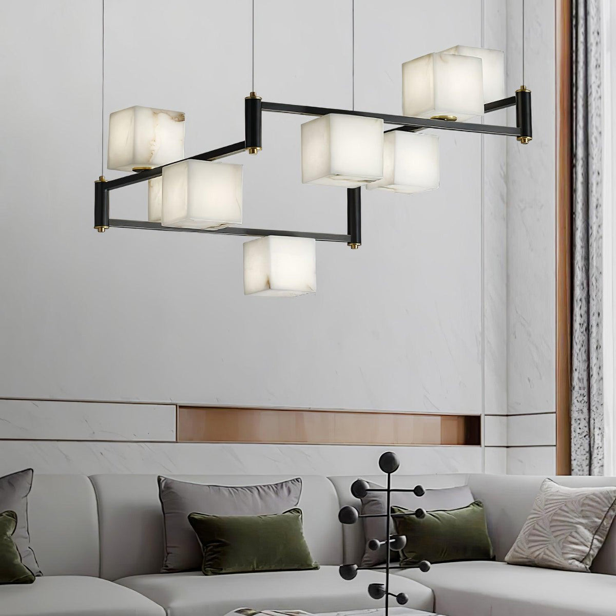 Alabaster Square Box Chandelier – Natural Snowflake Gypsum & Brass Modern Chandelier
