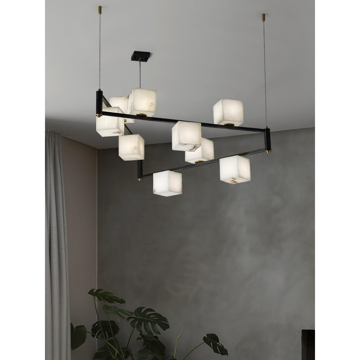 Alabaster Square Box Chandelier – Natural Snowflake Gypsum & Brass Modern Chandelier