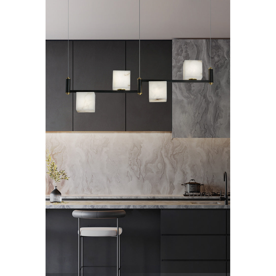 Alabaster Square Box Chandelier – Natural Snowflake Gypsum & Brass Modern Chandelier