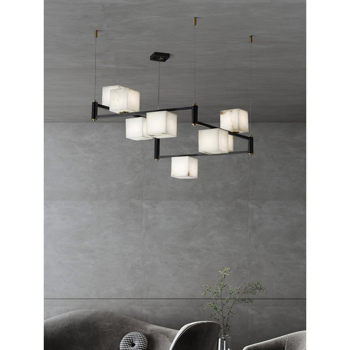 Alabaster Square Box Chandelier – Natural Snowflake Gypsum & Brass Modern Chandelier