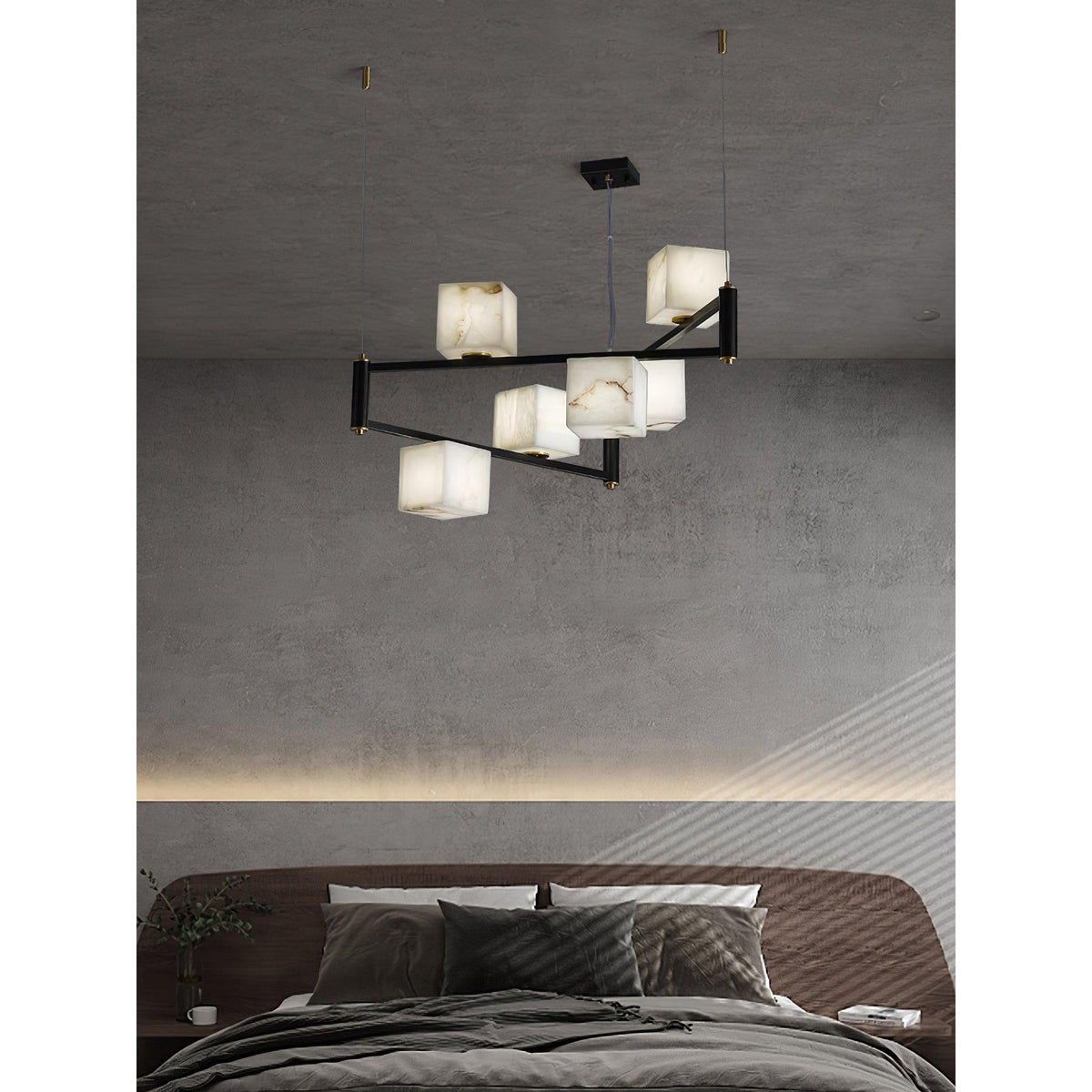 Alabaster Square Box Chandelier – Natural Snowflake Gypsum & Brass Modern Chandelier