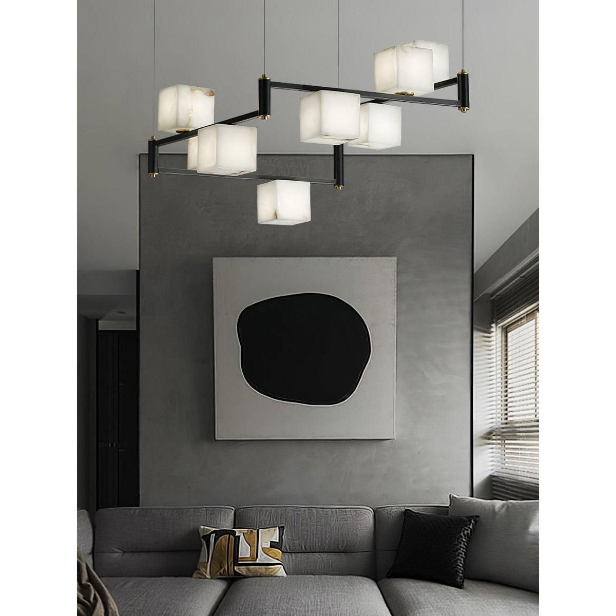Alabaster Square Box Chandelier – Natural Snowflake Gypsum & Brass Modern Chandelier