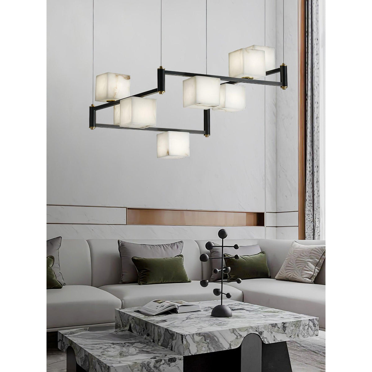 Alabaster Square Box Chandelier – Natural Snowflake Gypsum & Brass Modern Chandelier