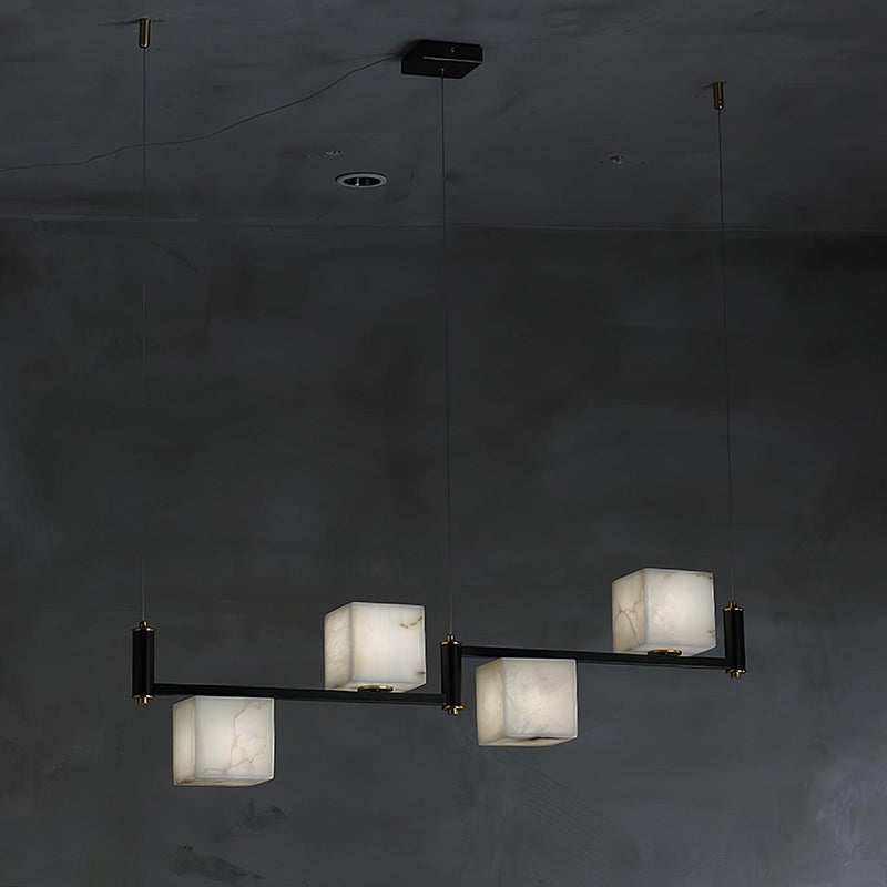 Alabaster Square Box Chandelier – Natural Snowflake Gypsum & Brass Modern Chandelier
