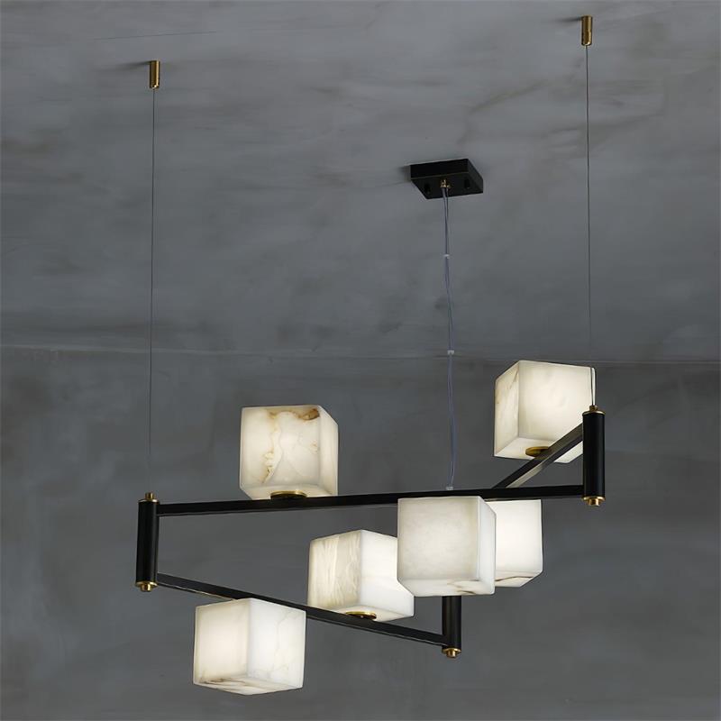 Alabaster Square Box Chandelier – Natural Snowflake Gypsum & Brass Modern Chandelier