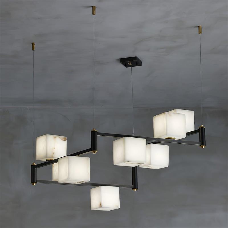 Alabaster Square Box Chandelier – Natural Snowflake Gypsum & Brass Modern Chandelier