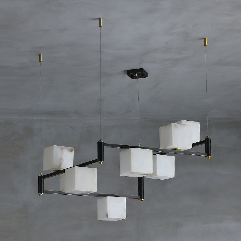 Alabaster Square Box Chandelier – Natural Snowflake Gypsum & Brass Modern Chandelier