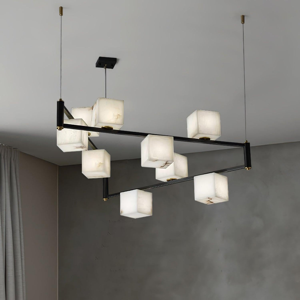 Alabaster Square Box Chandelier – Natural Snowflake Gypsum & Brass Modern Chandelier