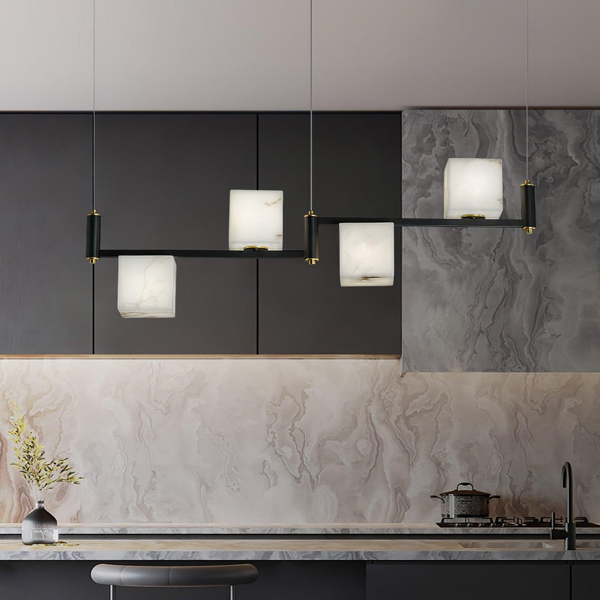 Alabaster Square Box Chandelier – Natural Snowflake Gypsum & Brass Modern Chandelier