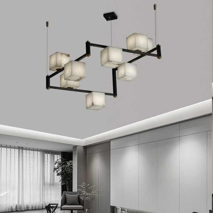 Alabaster Square Box Chandelier – Natural Snowflake Gypsum & Brass Modern Chandelier