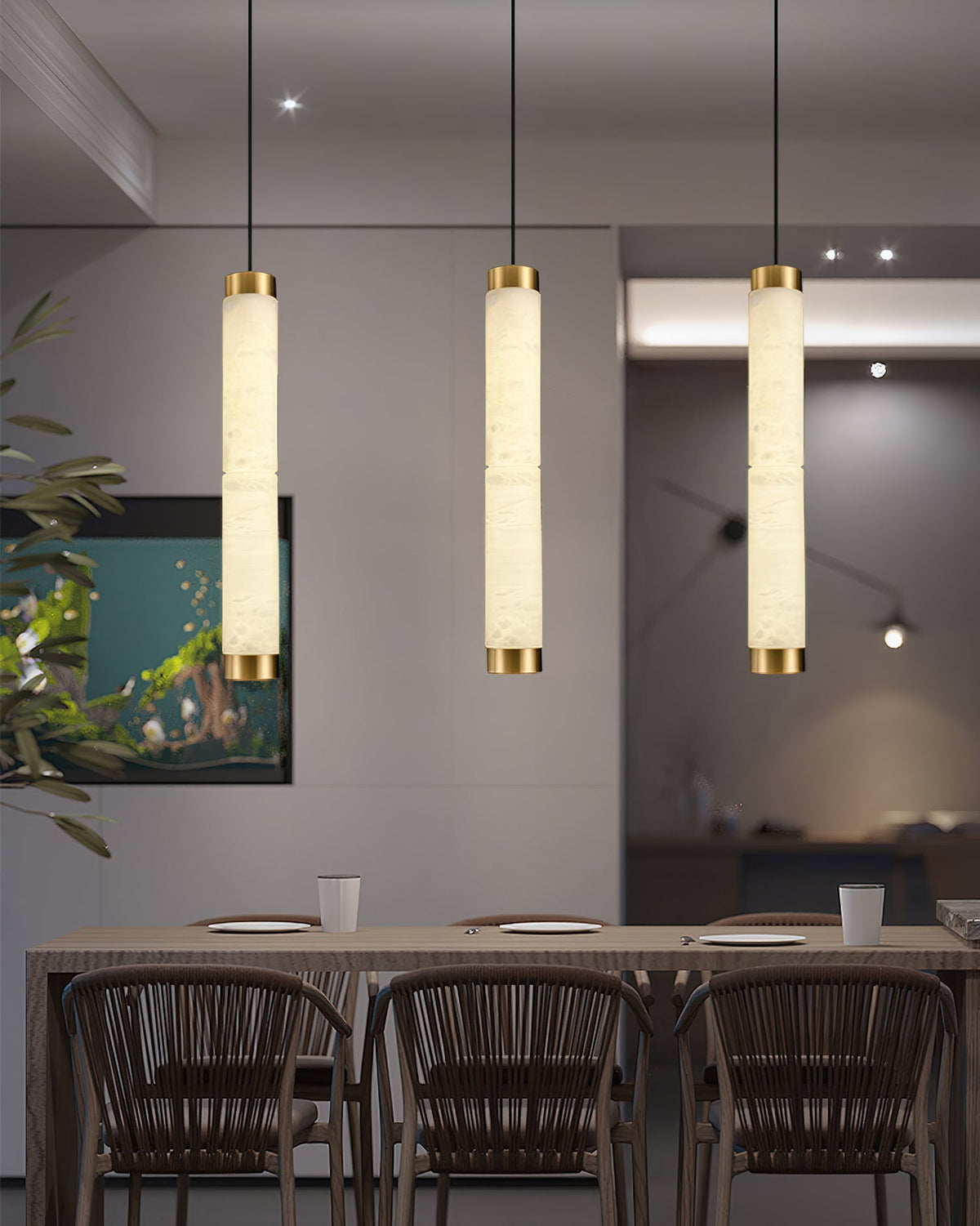Alabaster Strip Pendant Light – Natural Stone Tubes & Satin Brass Modern Suspension Light