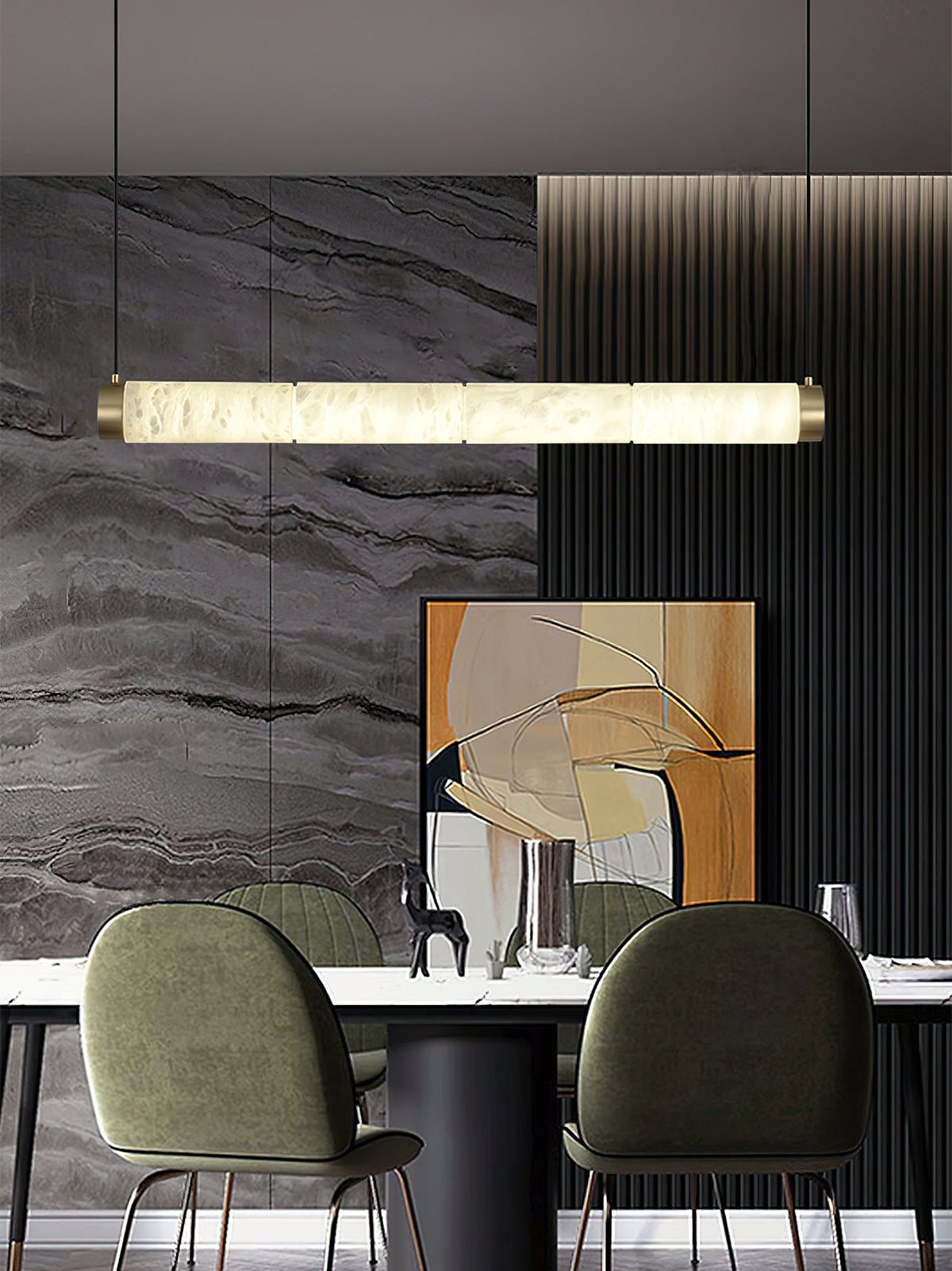 Alabaster Strip Pendant Light – Natural Stone Tubes & Satin Brass Modern Suspension Light
