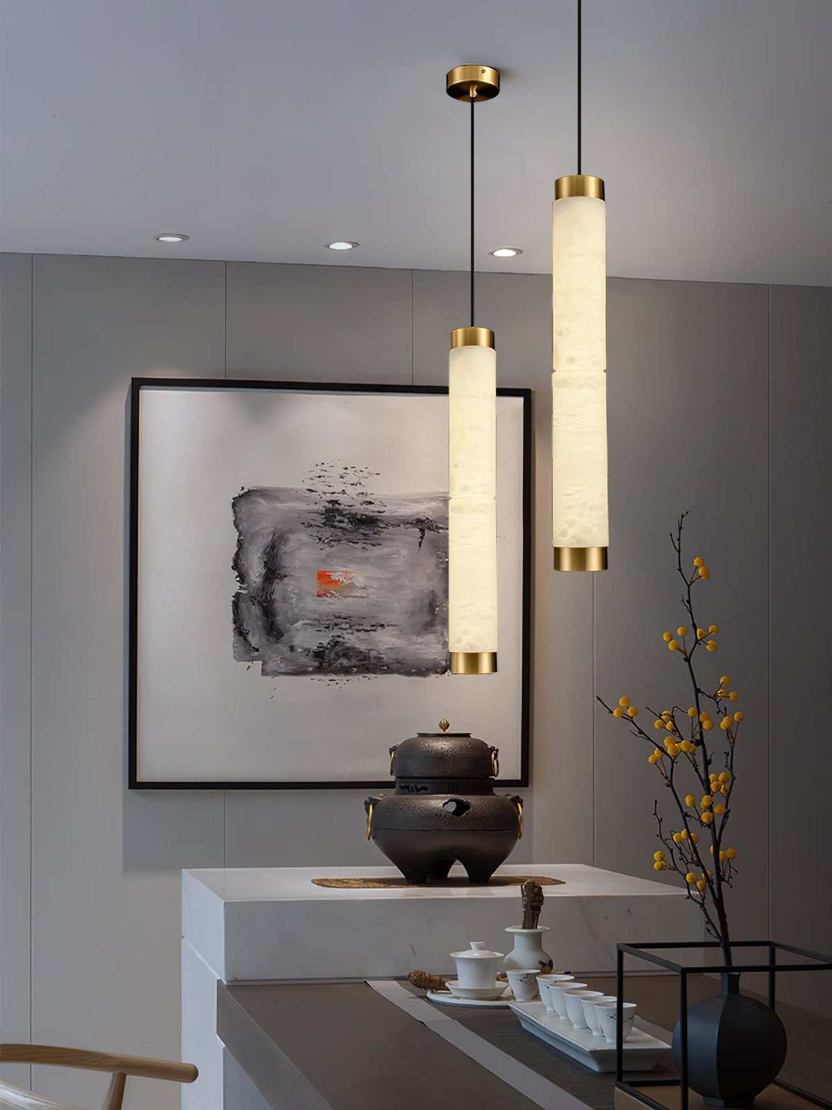 Alabaster Strip Pendant Light – Natural Stone Tubes & Satin Brass Modern Suspension Light