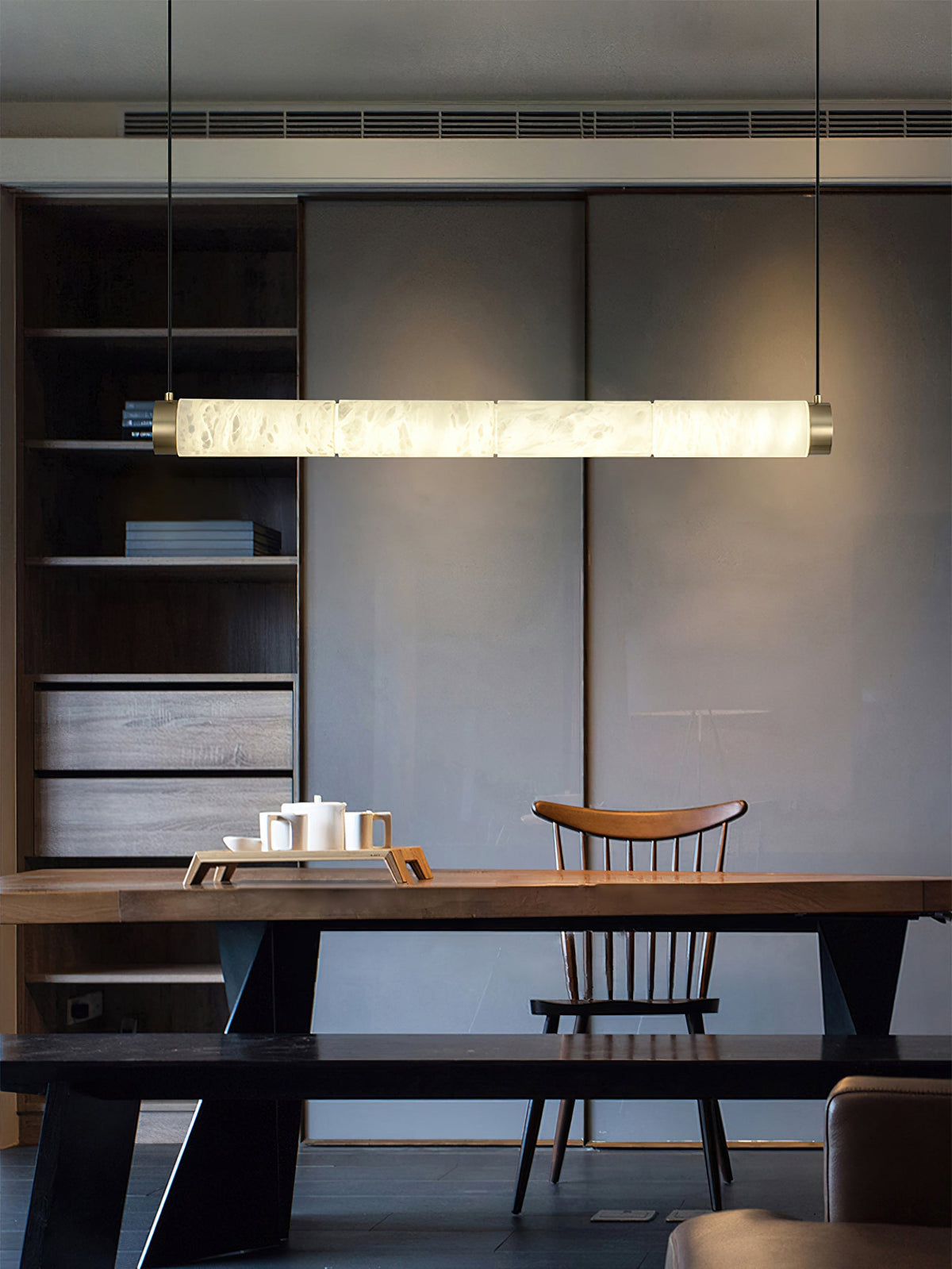 Alabaster Strip Pendant Light – Natural Stone Tubes & Satin Brass Modern Suspension Light