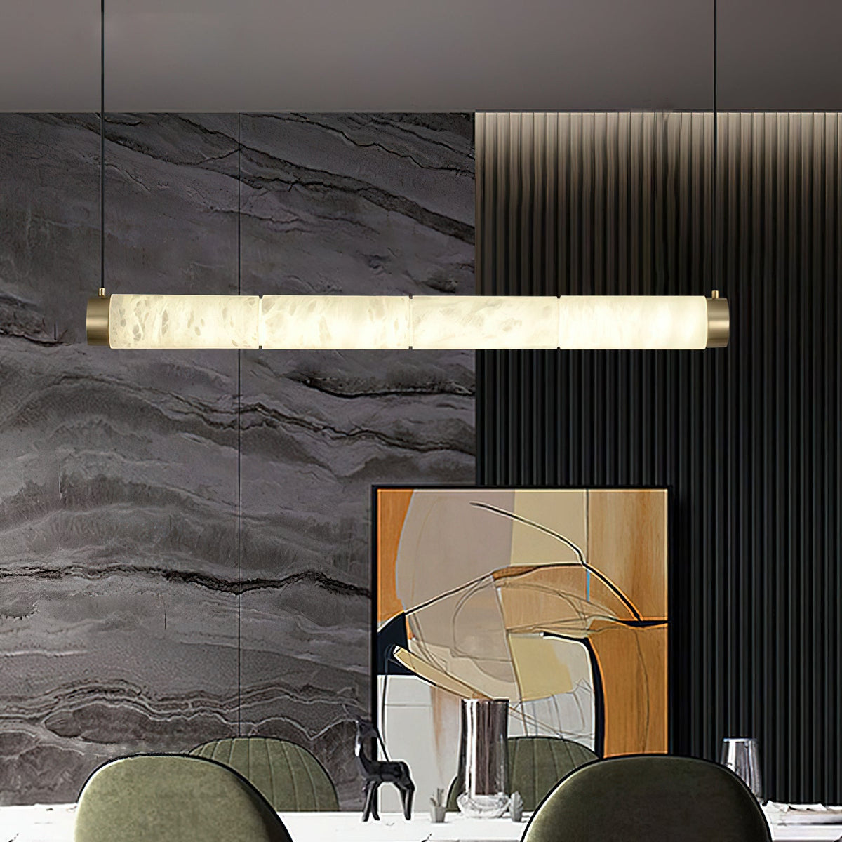 Alabaster Strip Pendant Light – Natural Stone Tubes & Satin Brass Modern Suspension Light