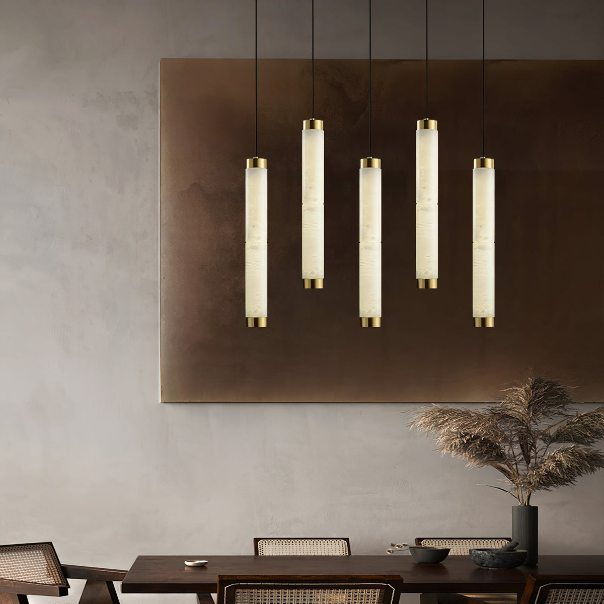 Alabaster Strip Pendant Light – Natural Stone Tubes & Satin Brass Modern Suspension Light