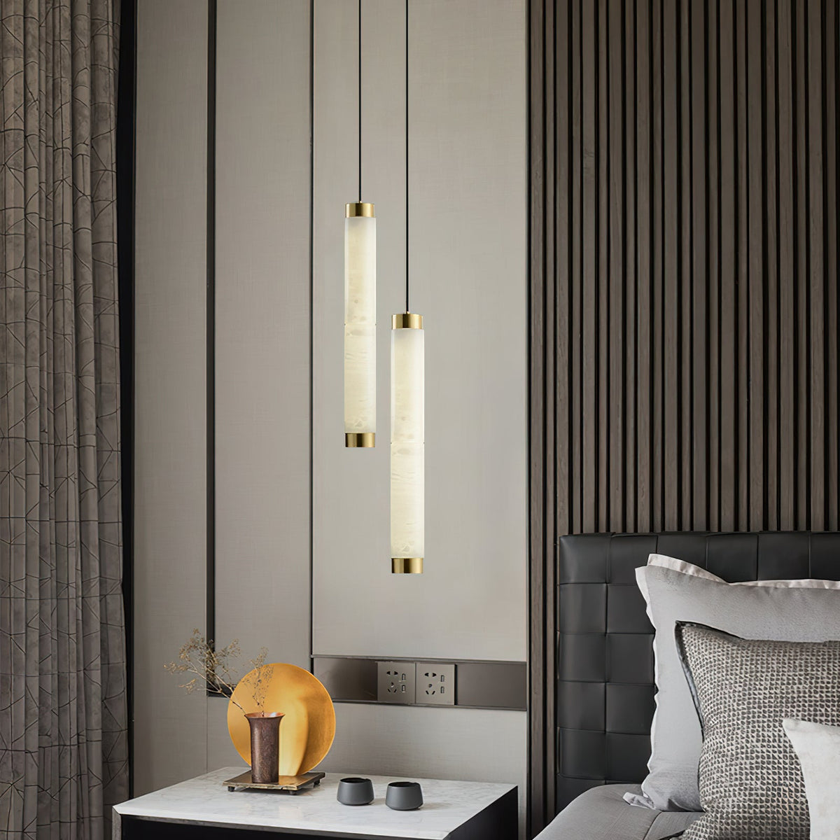Alabaster Strip Pendant Light – Natural Stone Tubes & Satin Brass Modern Suspension Light