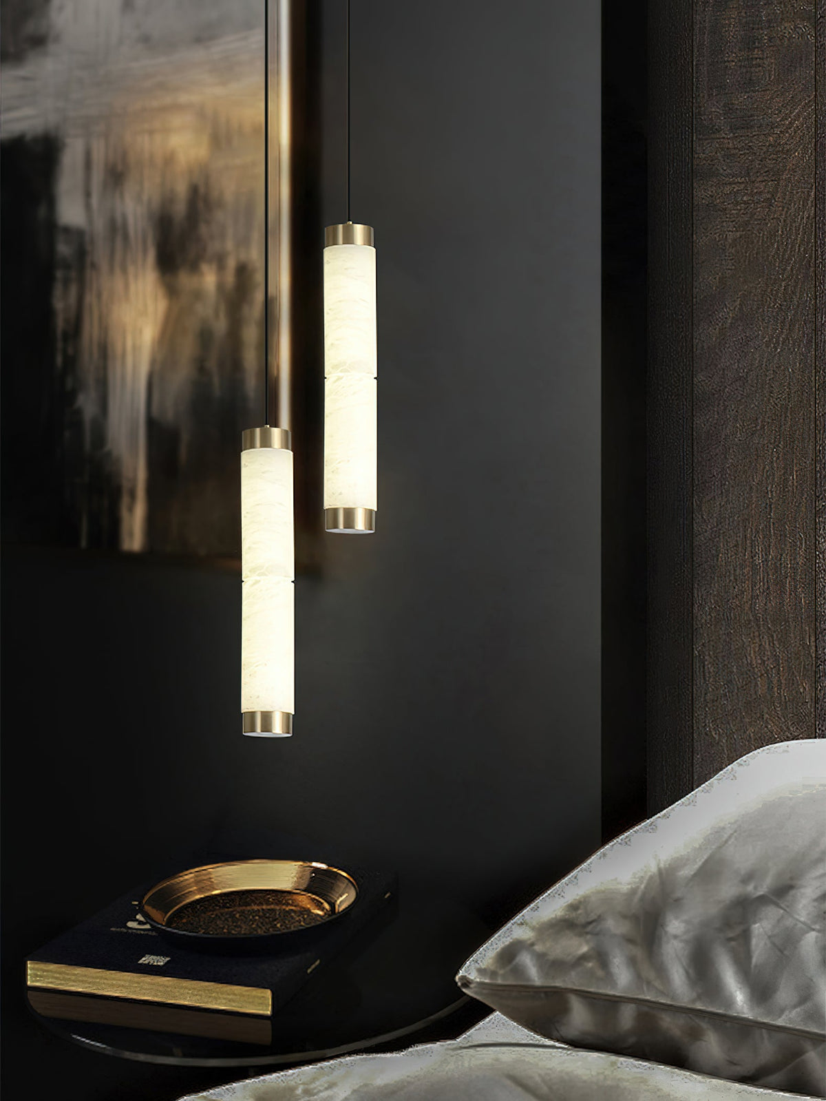 Alabaster Strip Pendant Light – Natural Stone Tubes & Satin Brass Modern Suspension Light