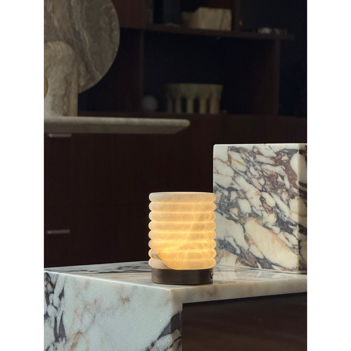 Alabaster Striped Table Lamp – Cordless Rechargeable Natural Stone Accent Light