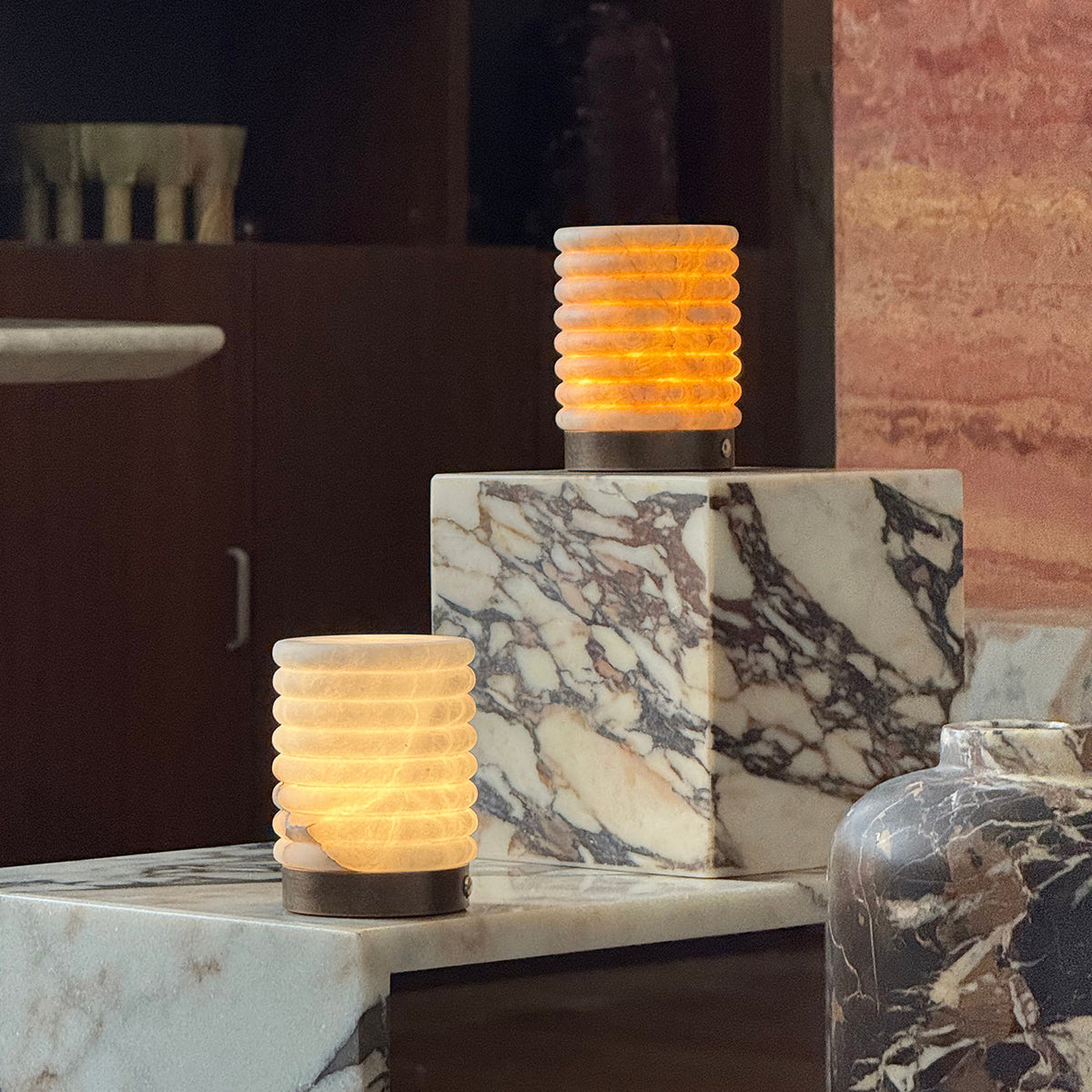 Alabaster Striped Table Lamp – Cordless Rechargeable Natural Stone Accent Light